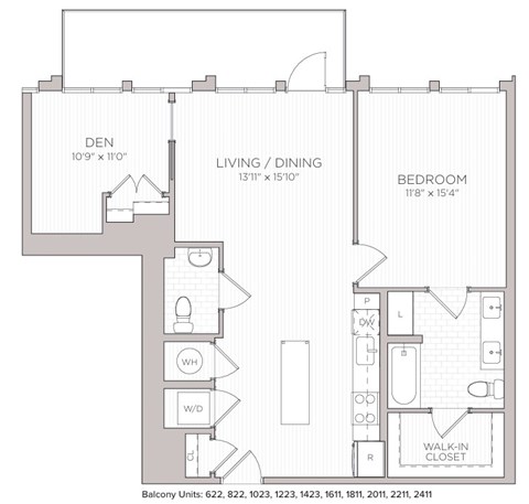 Floor plan for 1 bed, 1.5 baths, 936 sqft